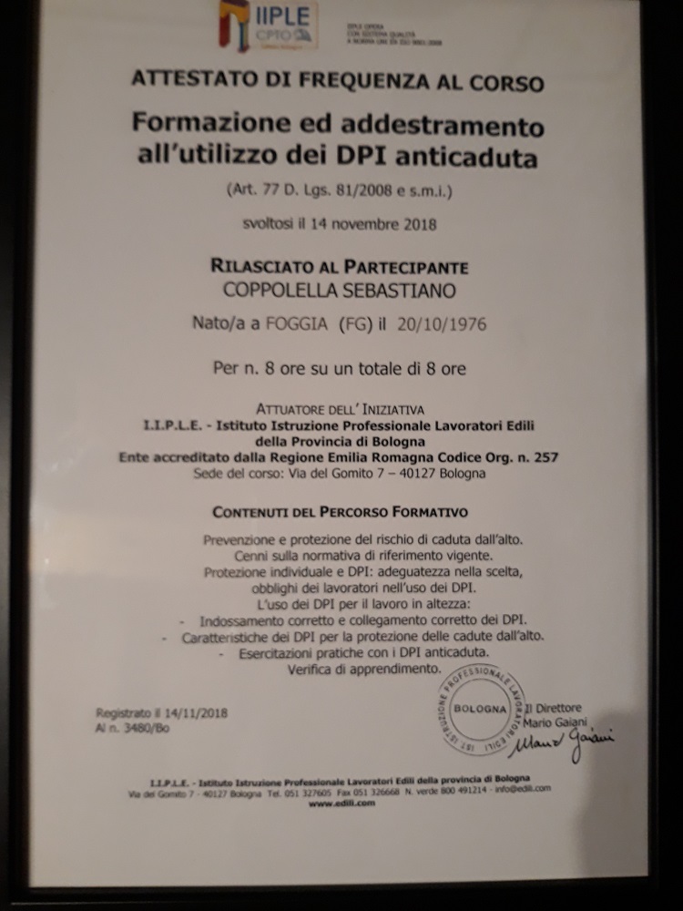 Attestato DPI 3° Categoria - Coppolella Sebastiano