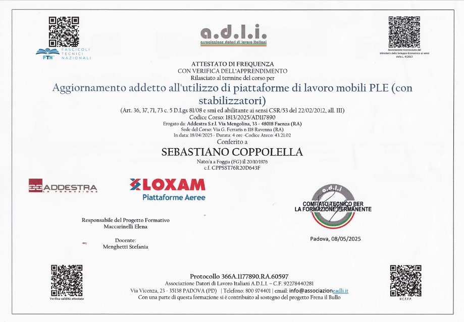 Attestato patentino PLE - Sebaimpianti